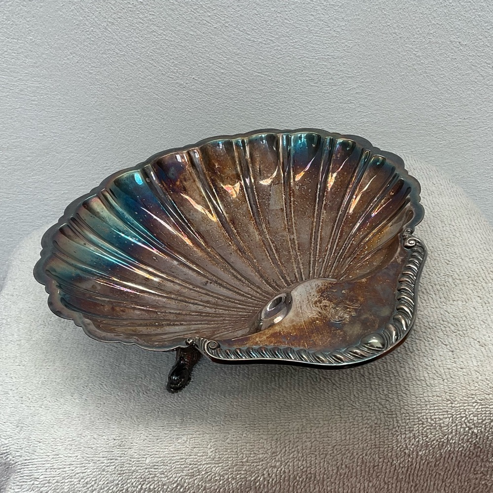 Vintage Silver Plated Shell Trinket Dish Fish Feet Ring Jewelery Holder Decor
